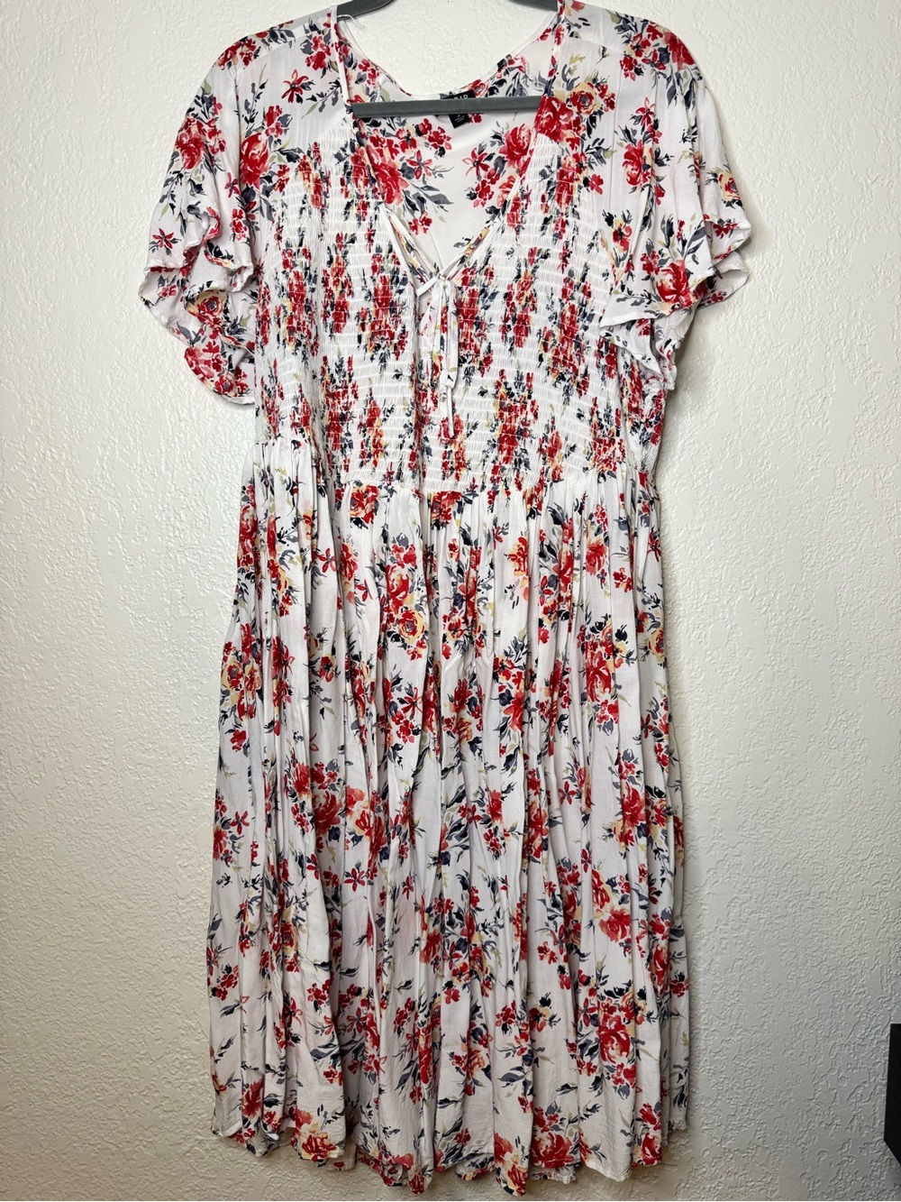Torrid Floral White & Red Smocked Midi Dress